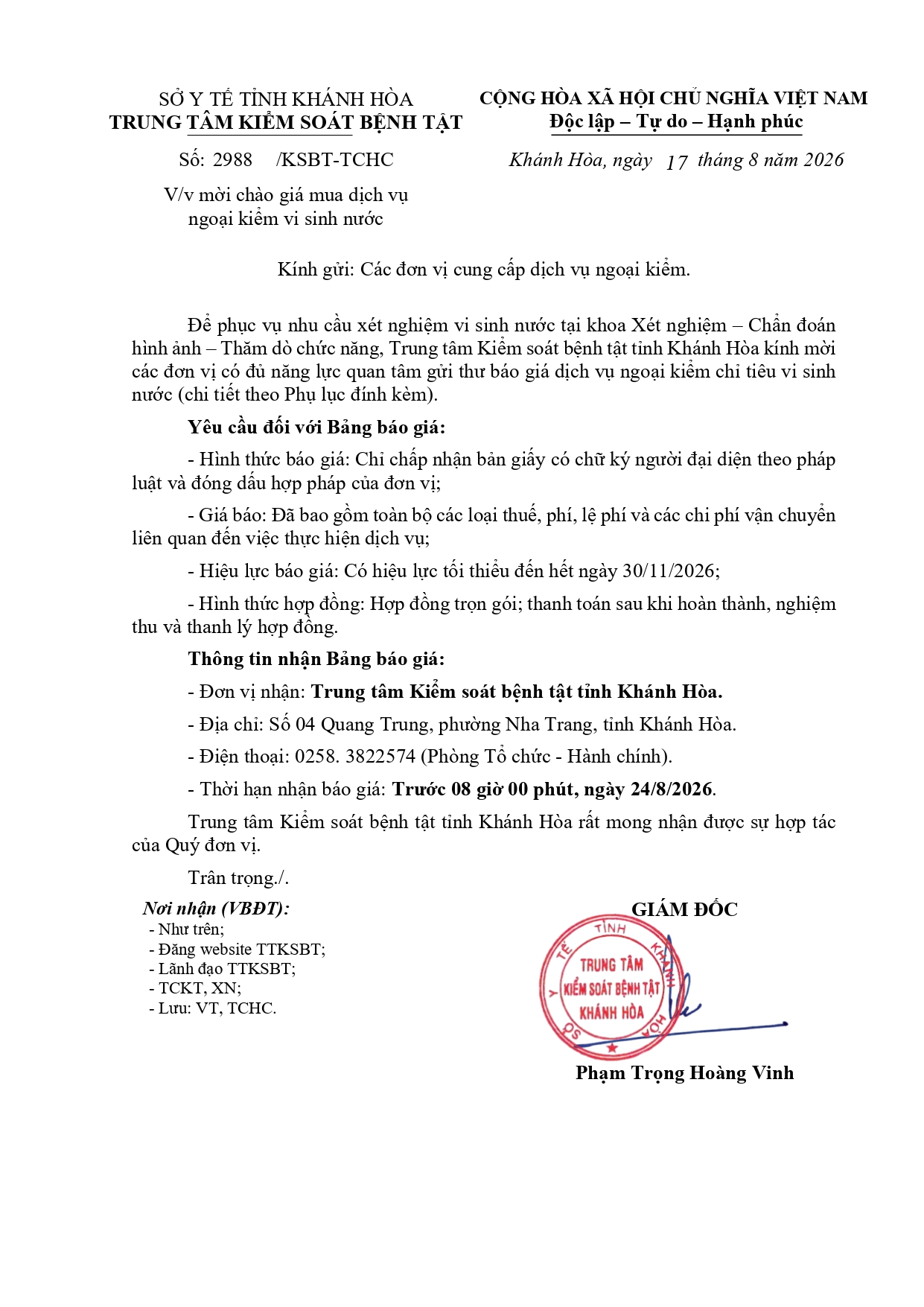 V/v mời chào giá mua dịch vụ ngoại kiểm vi sinh nước
